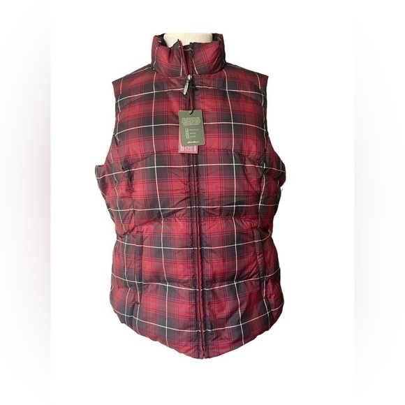 Eddie Bauer Vest Jacket Women's Burgundy Plaid Premium Goose Down Puffer size L - Picture 2 of 9